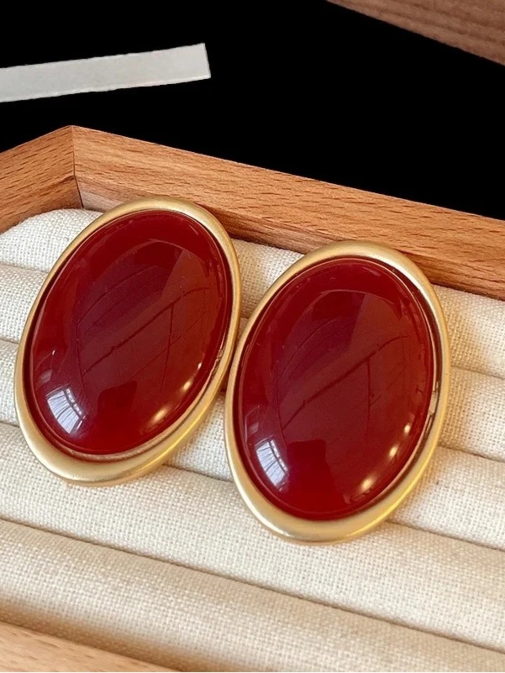Vintage Gold-Tone Deep Red Oval Cabochon Earrings